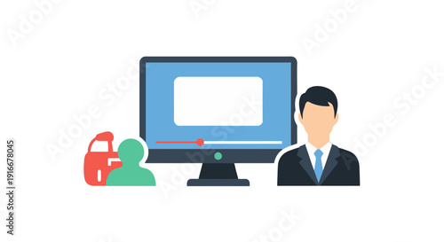 A man in a suit works on a computer with a secure connection and a user profile nearby