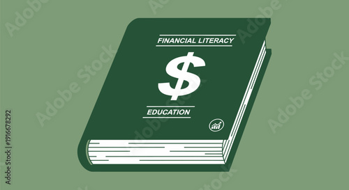 Financial Literacy Education Book with Dollar Sign Symbol.