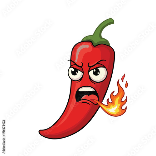 A chili pepper character illustration with a spicy expression. A fire effect appears from its mouth, depicting the maximum level of spiciness. Made with vector.