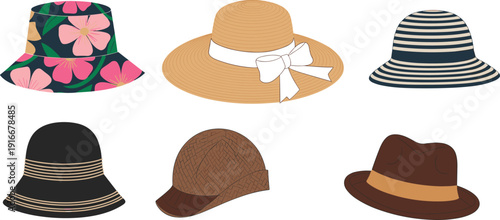 Summer women hats collection isolated on white background, featuring floral bucket, straw sunhat with bow, striped cloche and fedora styles