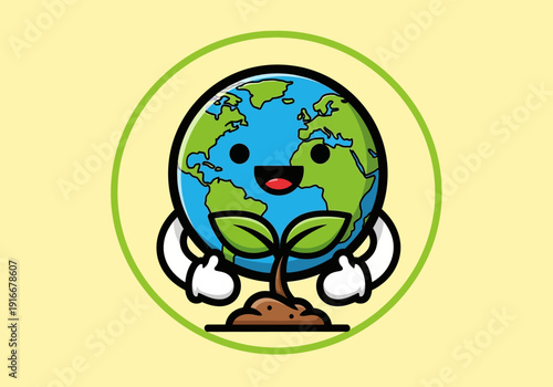 Cute cartoon earth character with growing plant sprout.