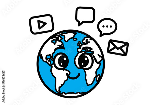 Cute cartoon Earth character with social media icons.