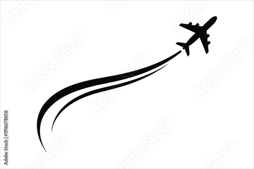Black Airplane Silhouette Flying Upwards With Curved Contrails Vector Icon For Travel And Aviation