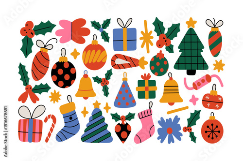Whimsical Christmas Holiday Elements Collection Set. Cute Ornaments, Gift Boxes, Holly Leaves, Bells, Candy Canes, Socks and Tree Icons. Colorful Flat Vector Illustration. Editable Stroke.