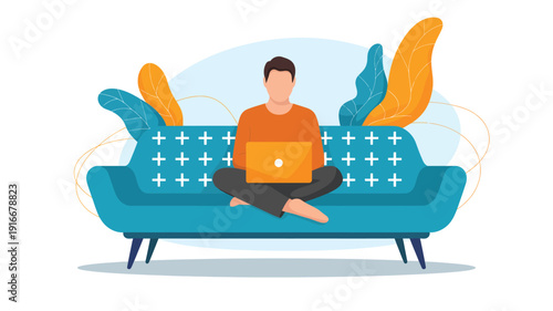 Man Working On Laptop Sitting On Sofa Remote Work And Freelance Lifestyle Flat Vector Illustration Home Office Concept