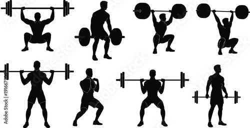 Weightlifting athlete silhouettes performing barbell exercises including squat, clean and press isolated on white background for fitness training and gym design