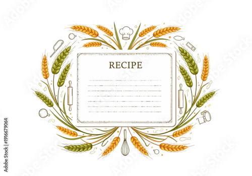 Recipe Card Surrounded by Wheat Stalks and Baking Utensils.