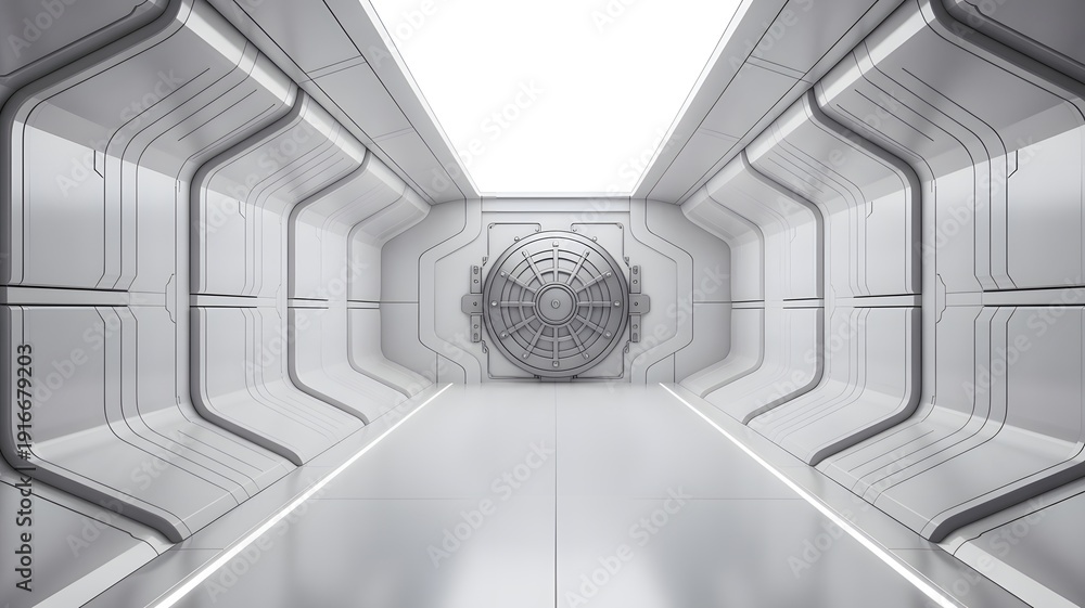 Fototapeta premium Futuristic Metallic Corridor With Circular Vault Door Interior
