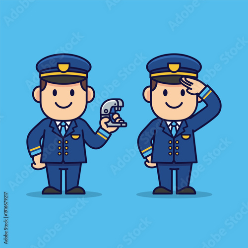 Cartoon Pilots in Uniform Saluting and Holding Badge.