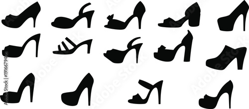 Black high heel shoes silhouette set isolated on white background, elegant women footwear collection vector illustration for fashion design