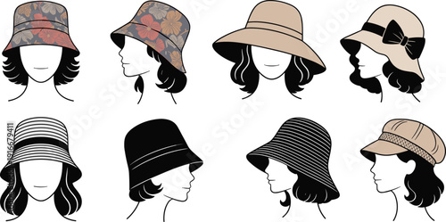 Women Hat Fashion Illustration Set Featuring Bucket, Cloche and Wide Brim Summer Hats in Flat Vector Style