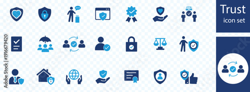 Trust icon set. Containing confidence, credibility, promise, trustworthy, friends, truth, faith, sincerity and honesty. Vector Blue icons collection