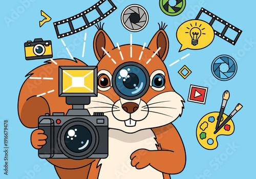 Cute squirrel photographer holding a professional camera.
