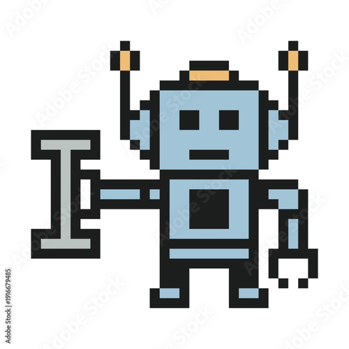 Cartoon robot robotic muscle strength weight training physical exercise gym with dumbbell,bodybuilder,pixel art,ai.