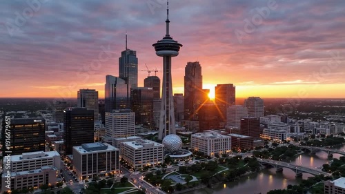 Sunset over the city skyline with tall buildings and a river below during evening hours