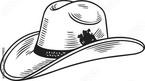 Black cowboy hat vector illustration, western fashion artwork, decorative band design, traditional Americana culture symbol, creative background pattern