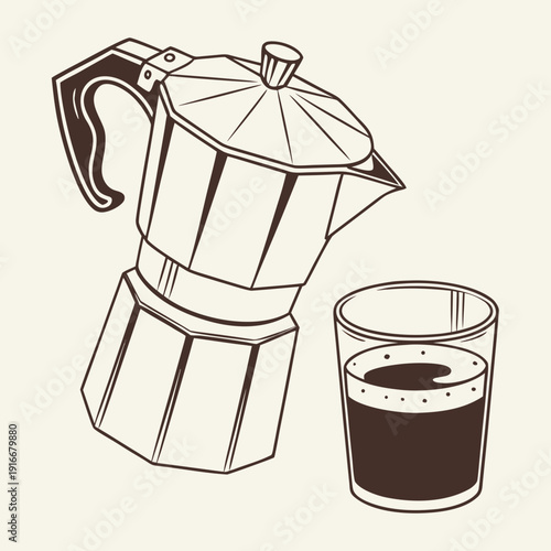 Italian Moka Pot Coffee Maker with Espresso Cup, Vintage Illustration