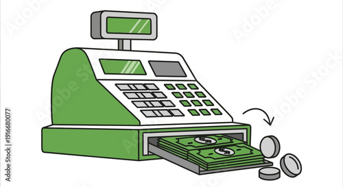 Green Cash Register Dispensing Money and Coins.