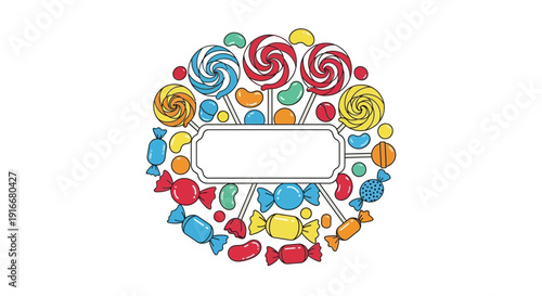 A delightful circular arrangement of colorful candies and lollipops surrounding a blank decorative frame