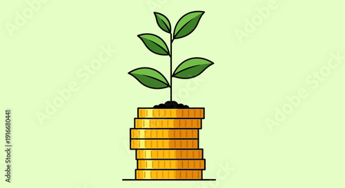 Green plant growing from stack of gold coins symbolizing financial growth.