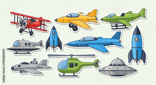 A diverse collection of cartoon aircraft including airplanes, rockets, and helicopters