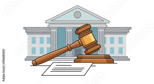 A Wooden Gavel Resting on a Sounding Block Before a Courthouse and Document