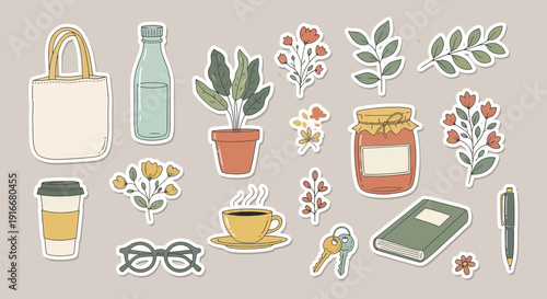 Charming Collection of Hand-Drawn Stickers Featuring Cozy Home and Nature Elements