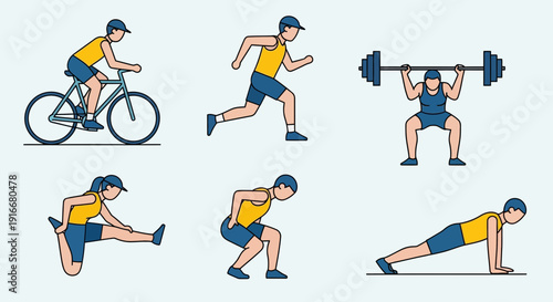 Fitness Activities Illustrated: Running, Cycling, Weightlifting, and Squats