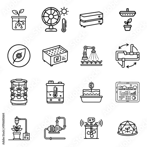 Indoor Agriculture & Hydroponic Technology Icon Set featuring Smart Growth Chambers, Automated Water Pumps, Climate Sensors, and Vertical Farm Analytics Vector Collection