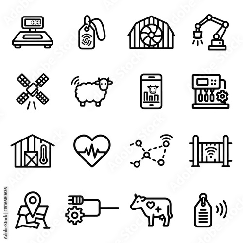 Digital Livestock Management and AI Dairy Farming Icon Set featuring GPS Tracking, Animal Health Sensors, Robotic Milking, and Smart Barn Technology Vector Collection