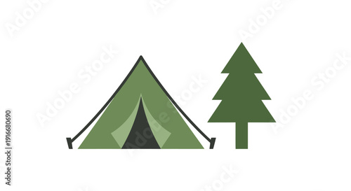 Camping tent setup near a pine tree in a serene forest landscape illustration