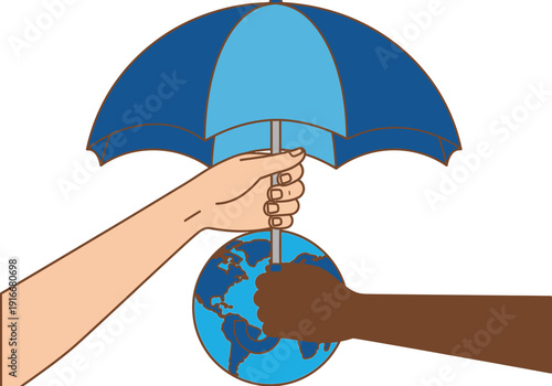 Hands holding planet Earth under protective umbrella.