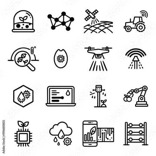 AgriTech and Smart Farm Automation Icon Set featuring Satellite Monitoring, Robotic Harvesting, AI Network, and Vertical Farming Rack Bold Line Vector Collection