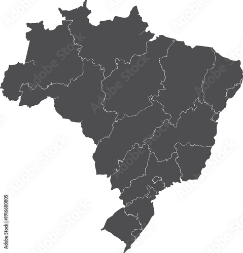 High-quality vector illustration of the Federative Republic of Brazil map, showcasing all 26 states and the Federal District in a sleek dark gray silhouette against a clean white background.