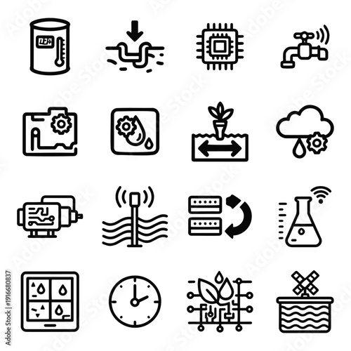 Smart Water Management and Irrigation Technology Bold Line Icon Set featuring Smart Reservoirs, Weather Monitoring, Precision Flow Control, and Lab Testing Vector Icons