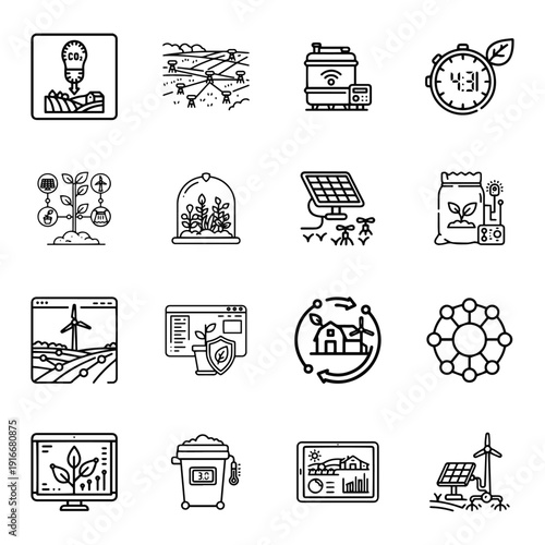 Eco Agriculture and Renewable Farm Icon Set featuring Solar Greenhouses, Water Conservation Systems, Organic Fertilizer Technology, and Eco-Innovation Vector Collection