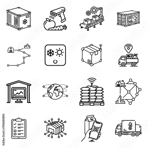 Agri Logistics & Food Distribution Icon Set featuring Cold Chain Containers, Global Tracking, Packaging Automation, and Warehouse Monitoring Dashboards Vector Collection
