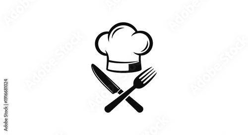 Chef Hat with Crossed Kitchen Knife and Fork Utensils Symbolizing Cooking and Culinary Arts on Isolated White Background