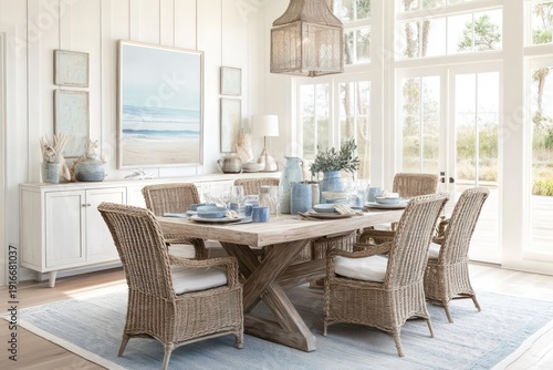 A coastal dining room with light, airy colors, natural light, and nautical decor accents. 