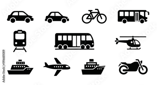Set of Diverse Transportation Icons Including Car, Bicycle, Bus, Train, Ship, Plane, Helicopter, and Motorcycle on Isolated White Background