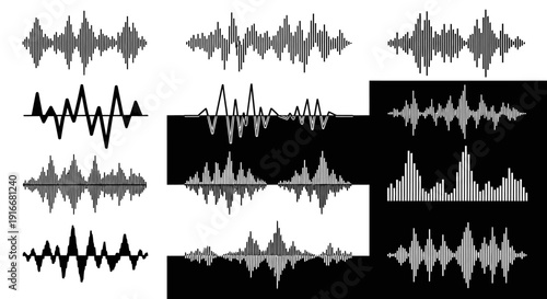 Collection of Dynamic Black and White Sound Wave Patterns and Audio Equalizers in Bright Studio