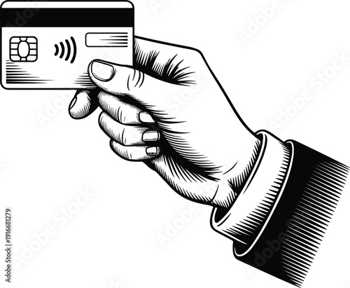 Vintage engraving style illustration of a professional hand presenting a modern contactless credit card for quick secure payment, isolated on white.