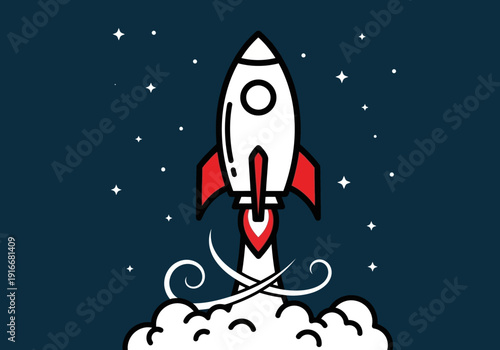 Retro Rocket Launching into Space with Stars.