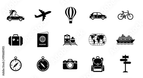 Comprehensive Set of Travel and Tourism Vector Icons, Including Transportation, Luggage, Navigation, and Photography on Isolated White Background