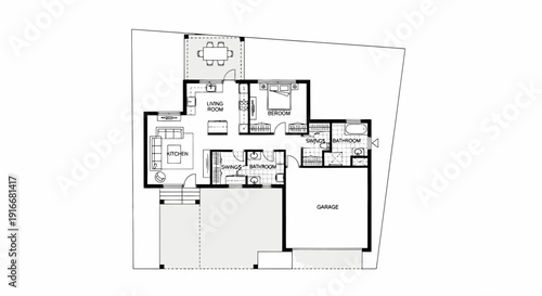 Architectural floor plan of a house with garage, featuring multiple rooms on isolated white background