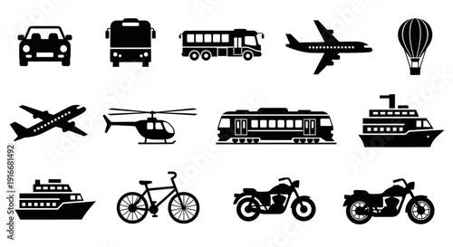 Collection of various black silhouette transport icons including car, bus, airplane, ship, and bicycle on isolated white background