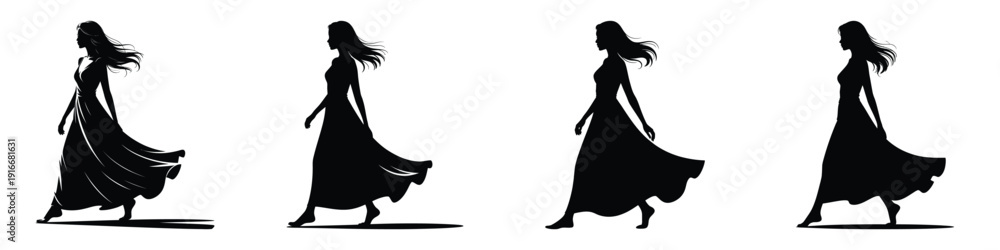 Fototapeta premium Elegant Woman Silhouette in Flowing Maxi Dress: Set of Summer Walking Poses - Minimalist Black and White Fashion Vector Art for Vacation, Lifestyle, and Wellness Design