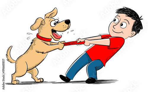 Cartoon Boy and Energetic Dog Playing Tug-of-War in Whimsical Yard, Demonstrating Pet Ownership Fun and Bonding with Playful Animal. Ideal for Children's Illustration, Animation Character Design, and