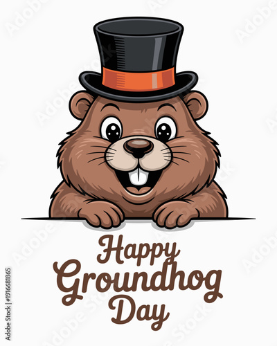 Celebrating Groundhog Day: Cheerful Cartoon Marmot Peeks Out, Predicting Spring from Burrow in Festive Top Hat. Humorous Illustration for Winter Holiday, Seasonal Greetings, Weather Forecasts, Childre