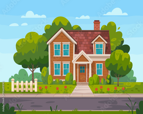 Attractive Cartoon House Exterior View on Sunny Day, Suburban Home in Neighborhood Illustration Style, Modern Residential Building, Family Home, Home Ownership Dream, Real Estate Investment Concepts,